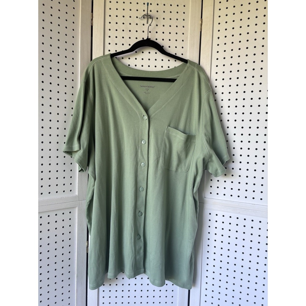 Woman Within 3X 30/32 Green Short SLV Button Front Sweatshirt Cardigan